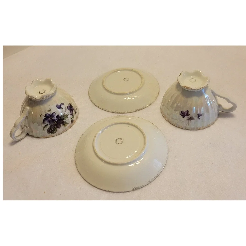Vtg‎ Lusterware Tea Cup Saucer Set Purple Floral Gold Trim Porcelain Japan 2pc